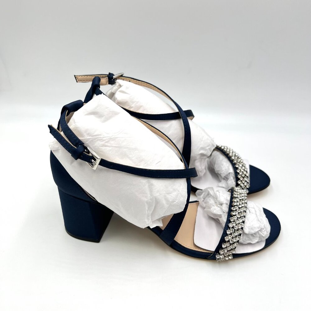 Nina Womens Size 6.5 Nora Navy Satin Jeweled Block‎ Heels Dress Sandals Shoes